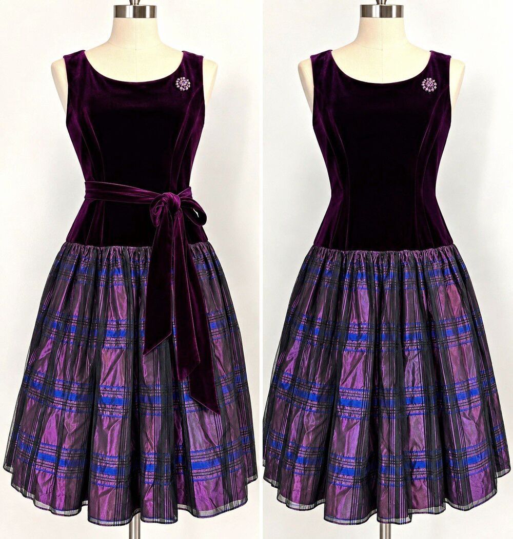 Vintage Y2K Eliza J Dress Drop Waist Velvet Purple Tulle Plaid 12 Sleeveless USA